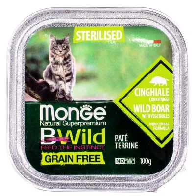 Monge Cat BWild GRAIN FREE беззерновые консервы из кабана с овощами для стерилизованных кошек 100г в магазине LiveStor.ru