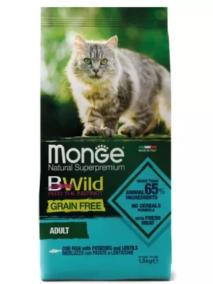 Monge Cat BWild GRAIN FREE беззерновой корм из трески для взрослых кошек 1,5 кг в магазине LiveStor.ru