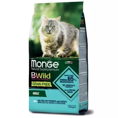 Monge Cat BWild GRAIN FREE беззерновой корм из трески для взрослых кошек 1,5 кг в магазине LiveStor.ru