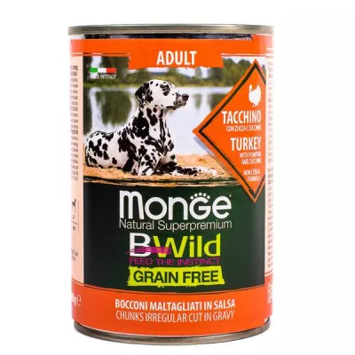 Monge Dog BWild GRAIN FREE беззерновые консервы из индейки с тыквой и кабачками для взрослых собак всех пород 400г в магазине LiveStor.ru