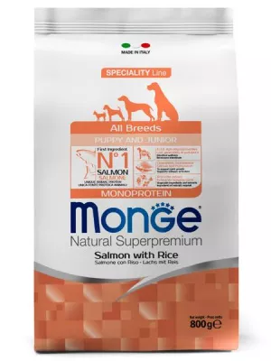 Monge Dog Monoprotein Puppy&Junior корм для щенков всех пород лосось с рисом 800г в магазине LiveStor.ru