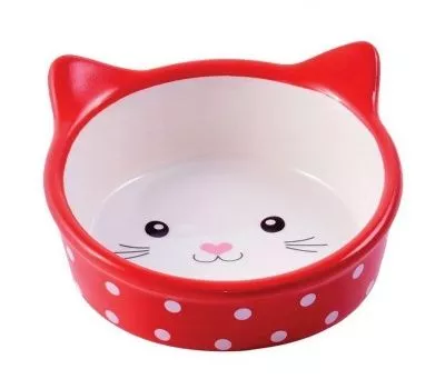 КерамикАрт миска керамическая для кошек 250 мл Мордочка кошки красная в горошек в магазине LiveStor.ru